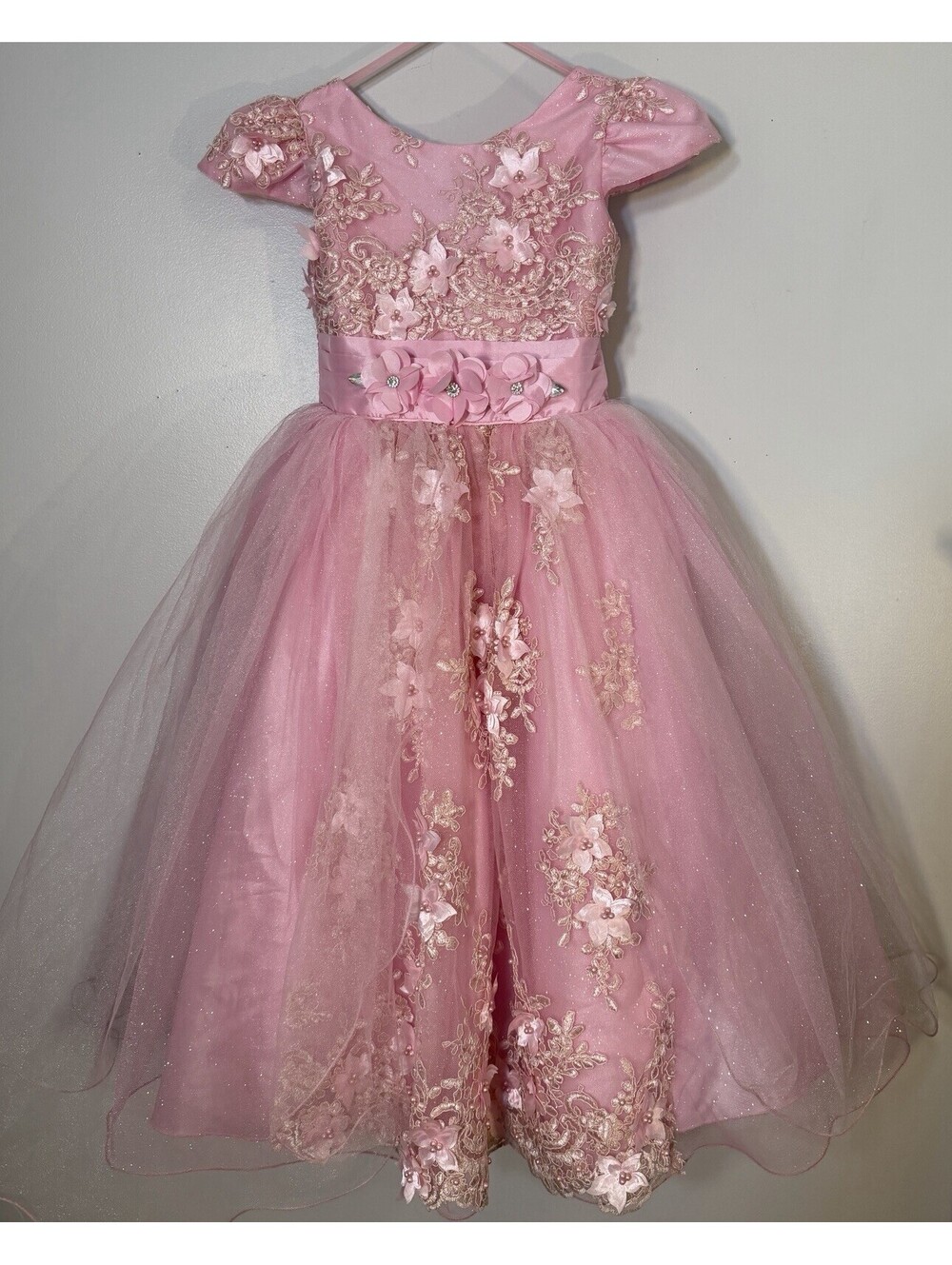 Pink Tulle Flower Girl Dress Size 6 3D Appliqué Layered Pageant Party Sparkly